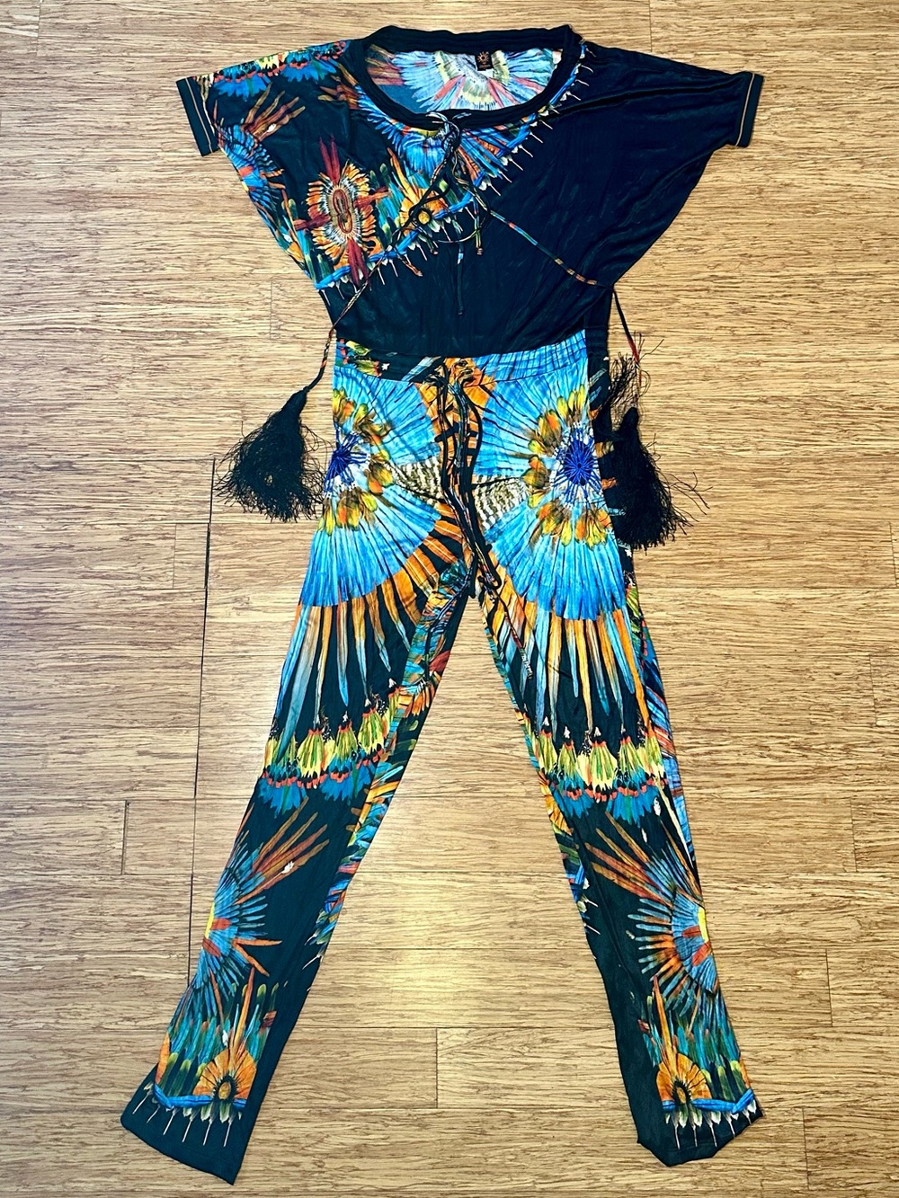 Jean Paul Gaultier Black Vintage Jumpsuit with Blue and Orange Tropical Print